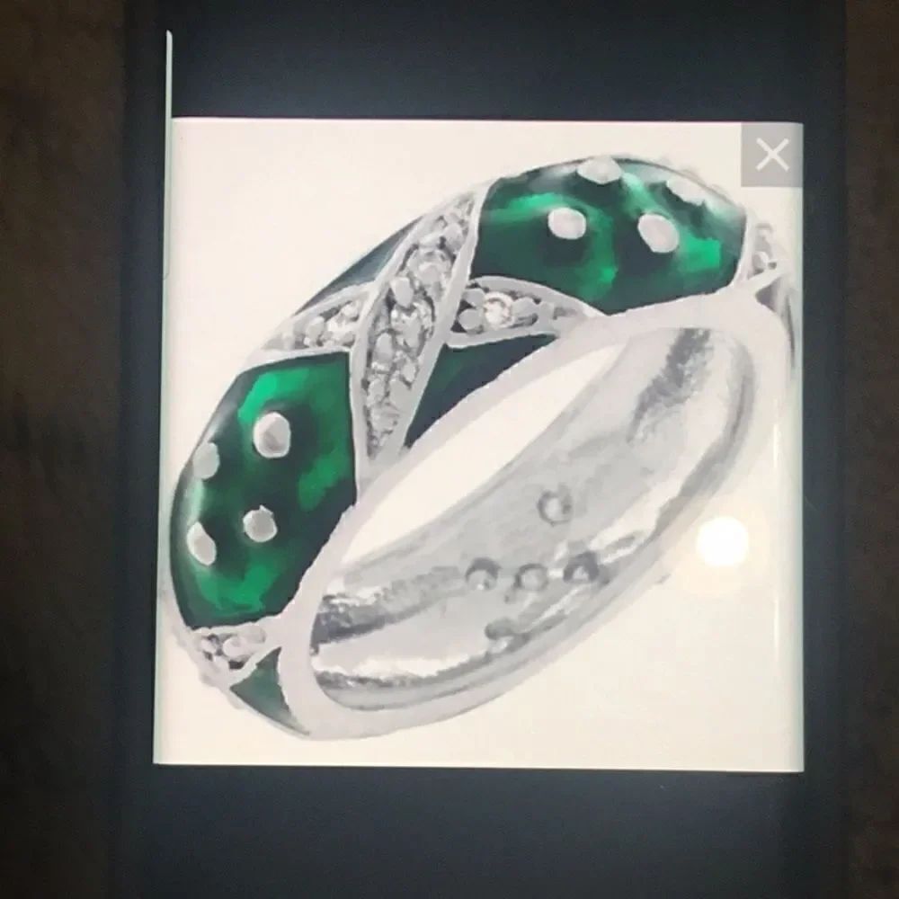 Green Enamel & CZ “X” Design Stack Band Ring